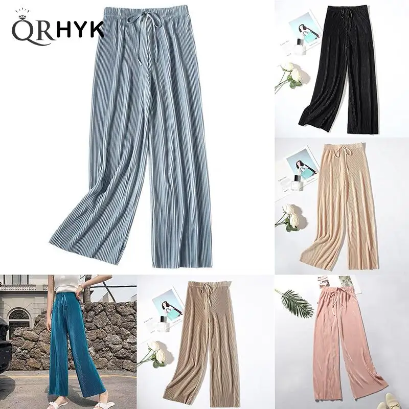 

Tienda Traf Women's Pleated Loose Ice Silk Korean Casual Cropped Pants Wide Leg Trouse Home Classic Sports Wear Girls Clothes