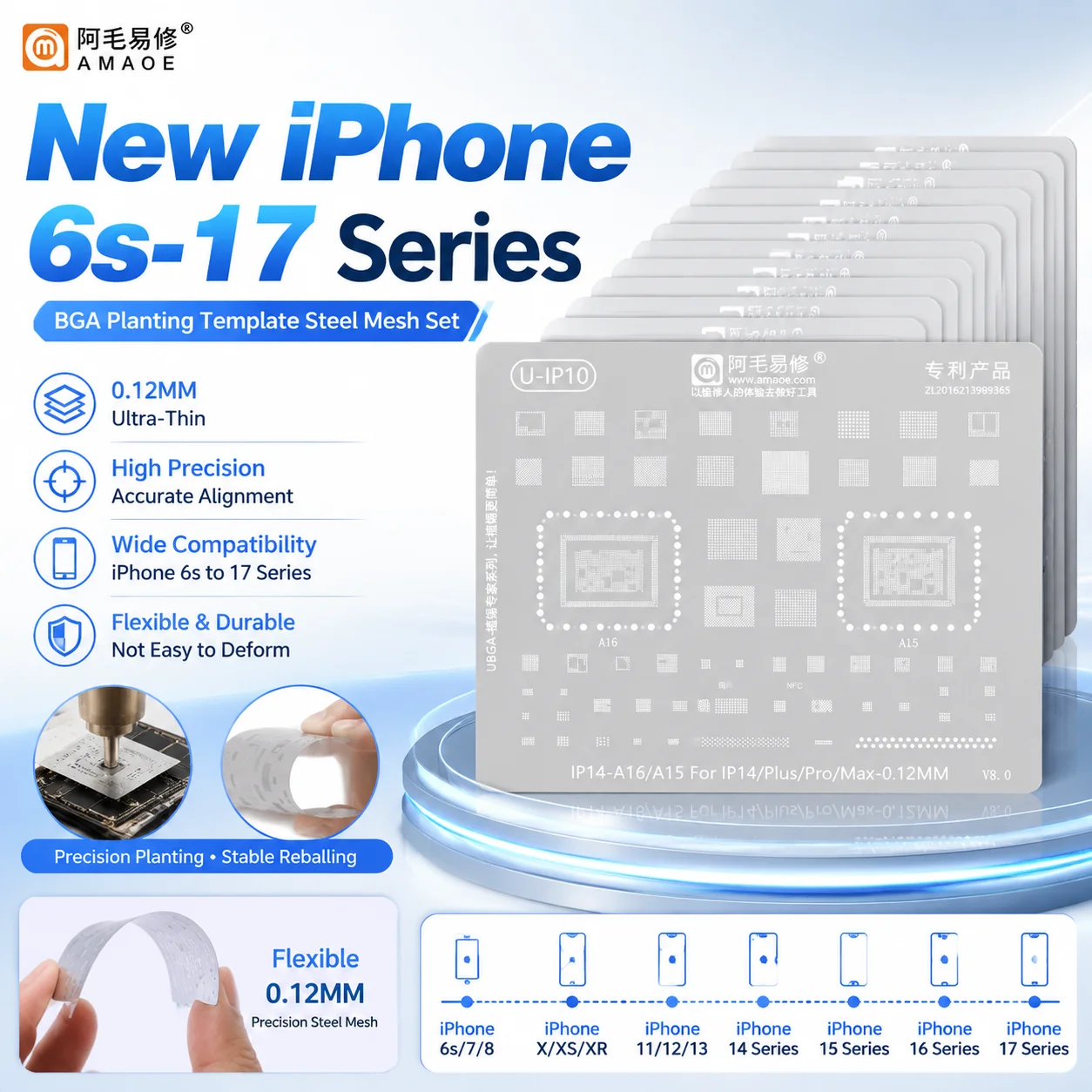 Amaoe BGA Reballing Stencil U-IP Tin Planting Mesh for iPhone 11-17 XS Max Series Motherboard IC Chip Repair Template Repair Kit