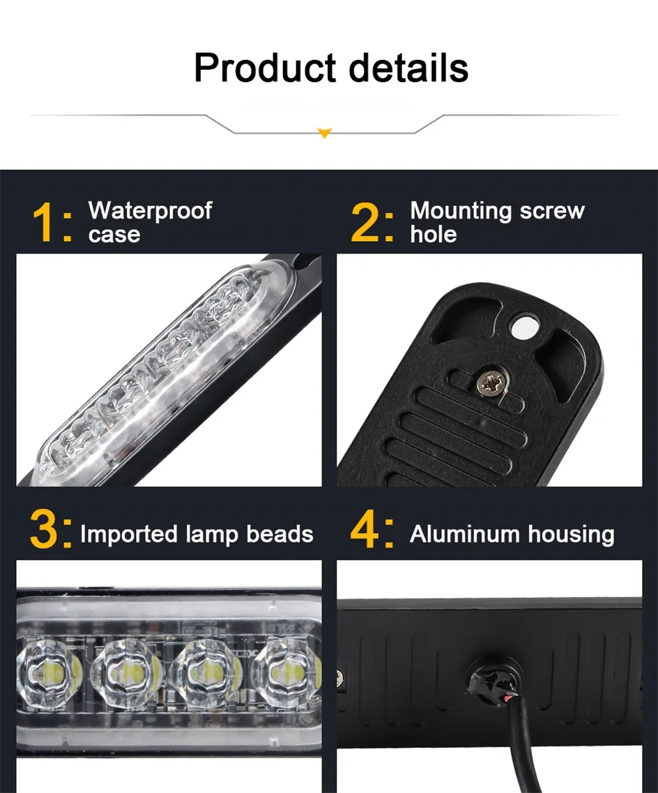 6PCS Grille Stroboscope Flashing Light 4LED Truck Side Strobe Lights Car Emergency Light Car Lighting 12V 24V for Truck