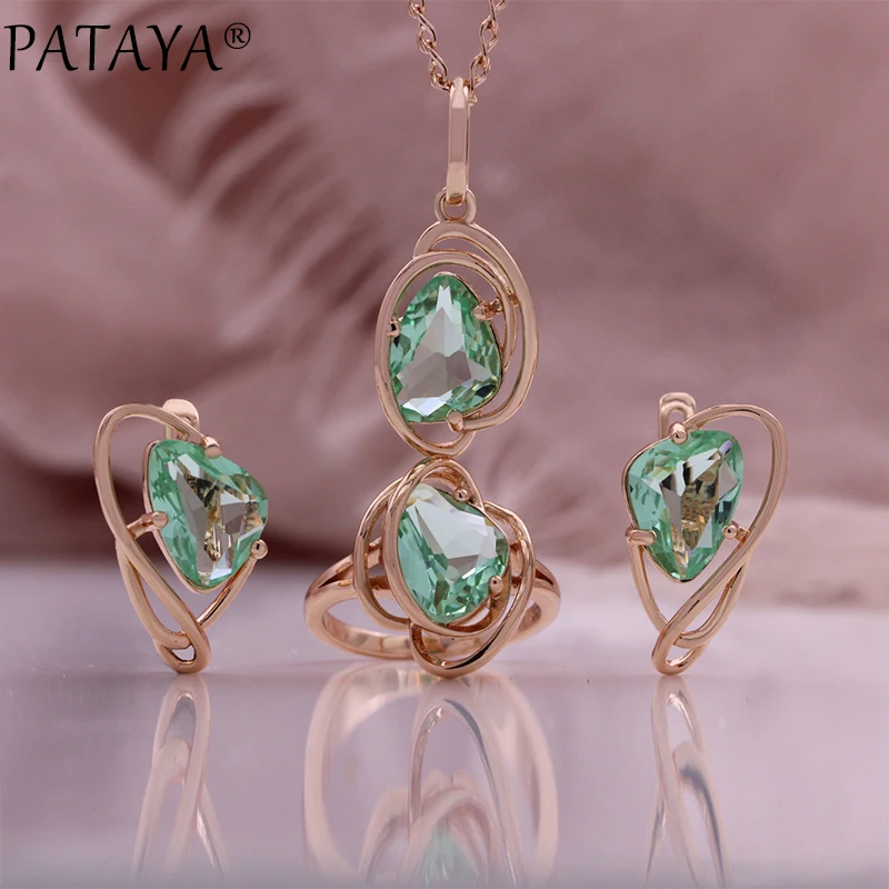 AYA Sparkling Green Natural Zircon  Earrings Rings Pendant Necklace Women Luxury 585 Rose Gold Color Party Daily Jewelry Sets