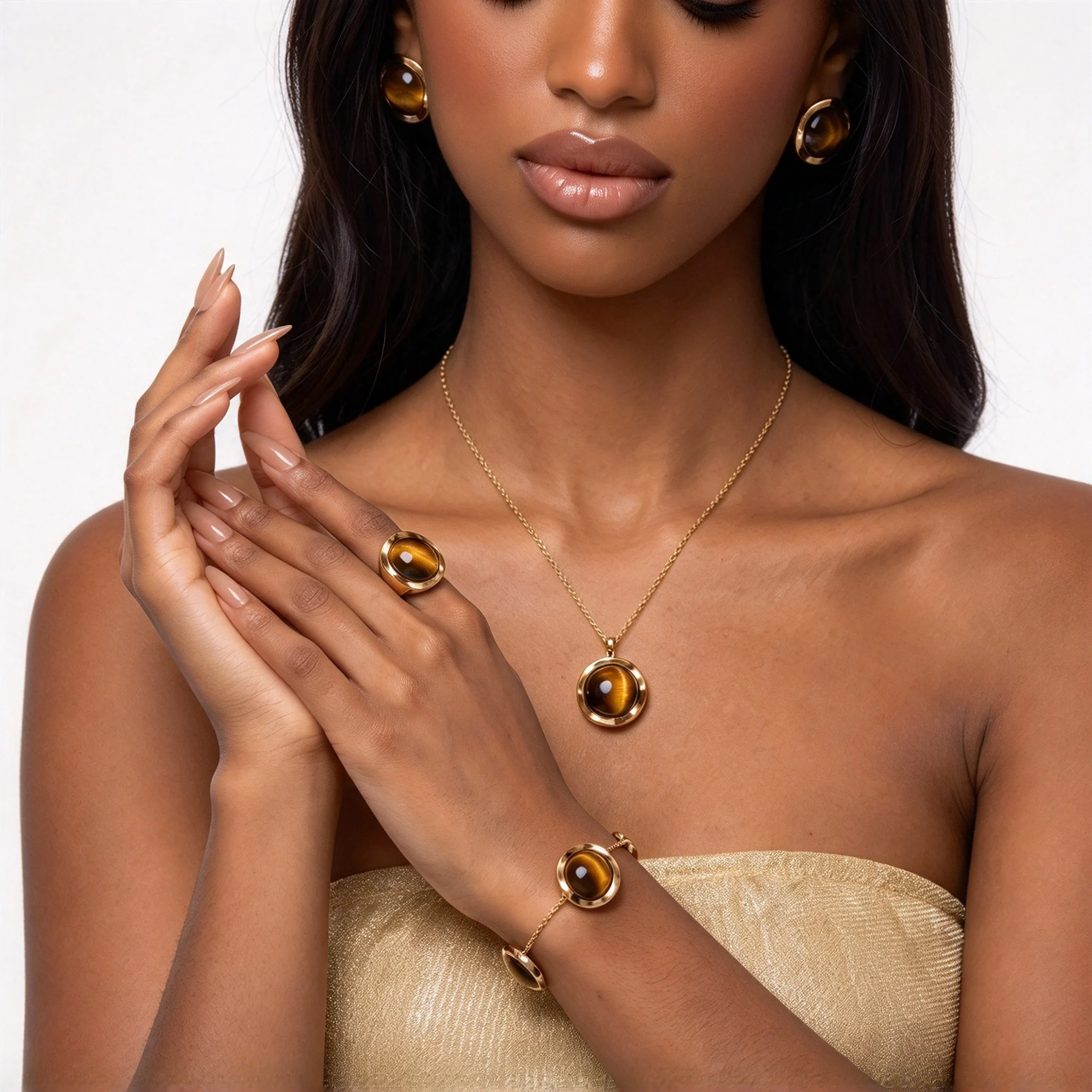 Trendy Oval Tiger Eye Stone Jewelry Set for Women Simple Vintage Style Necklace Bracelet Earrings Ring Combo Fashion Accessory