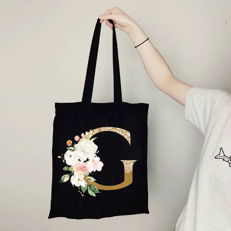 Gold Letter Flower Canvas Bag Women\'s Shopping Bag Reusable Large Capacity Portable Handbag Harajuku Style Student Shoulder Bag