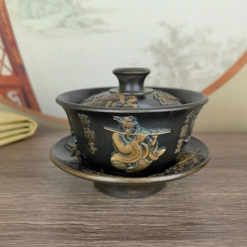 

Antique Copper Eight Immortals Gaiwan Set Ornament Copper Chinese Style Home Decor Collectible Gift Ornament