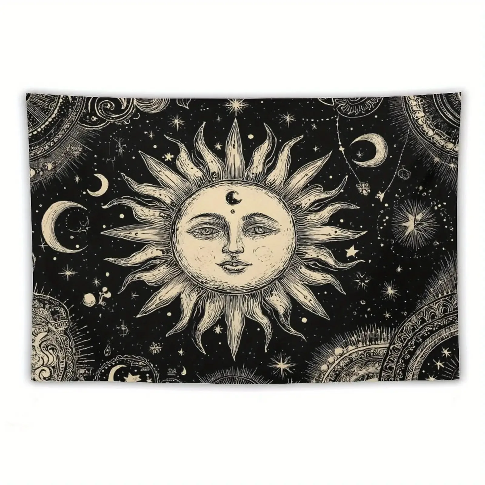 FAXDONG Tapiz Vintage Bohemio en Blanco y con Mandala - Gran Colgante de Pared del Sol, Luna & Estrellas Intrincados Patrones Má