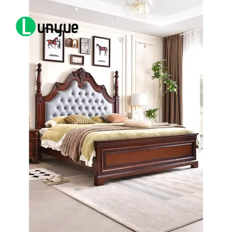 European Retro Solid Wood Bed Frame with Roman Columns Luxury Leather Tufted Headboard Vintage Style Bedroom Furniture
