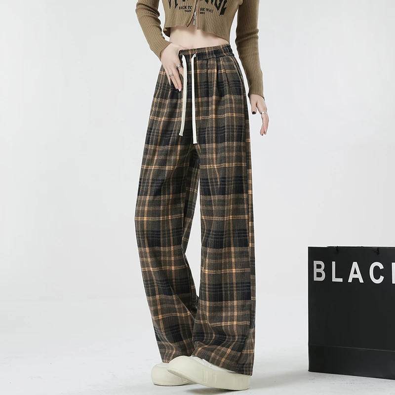 

Retro Plaid Pants Women's Spring Autumn 2025 New plus Size Loose BF Lazy Style Wide Leg Floor Length Trousers