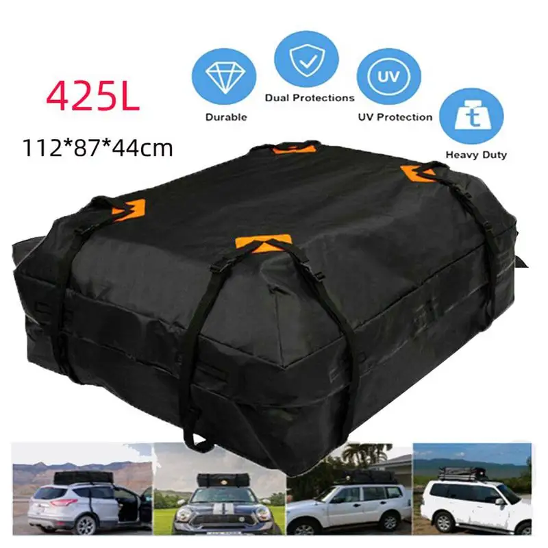 112X87X44cm 425L Waterproof Car Cargo Roof Bag Waterproof Rooftop Luggage Carrier Black Storage Travel Waterproof For SUV Van