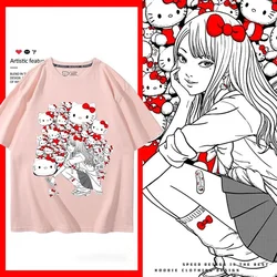 New  Hello Kitty Junji Ito Tomie T-shirts Cute Pattern Printing Retro Trendy Pure Cotton Anime Men and Women Short Sleeve