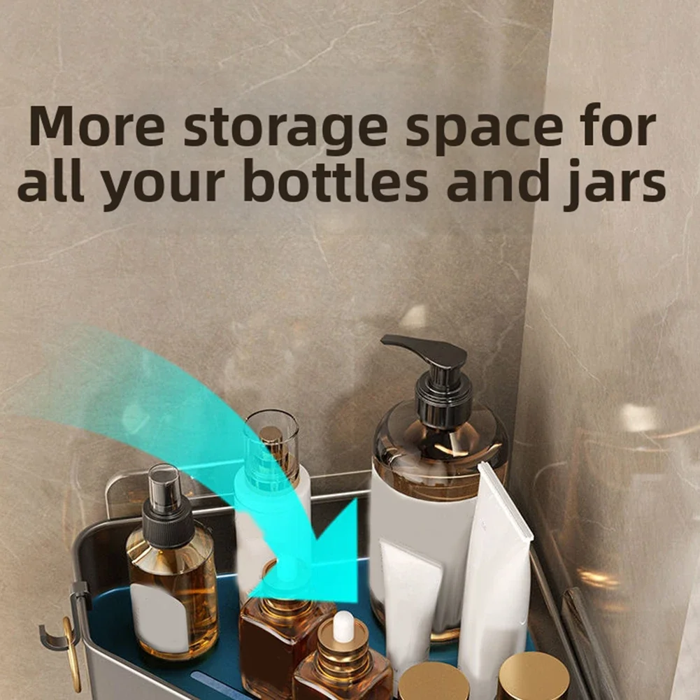 Corner Shower Shelves No Drilling, Aluminum Bathroom Organizer For Towels, Shampoo And Kitchen Storage With Hooks