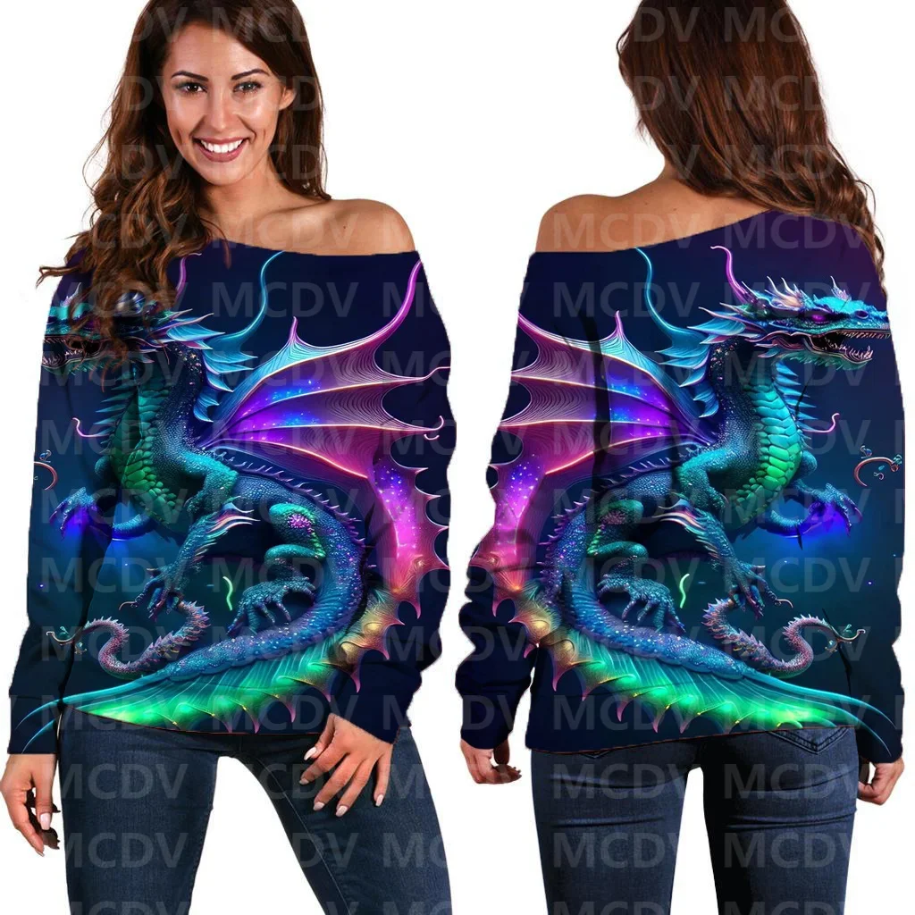 Dames Off Shoulder Trui Dragon 3d Print Dames Casual Trui Met Lange Mouwen