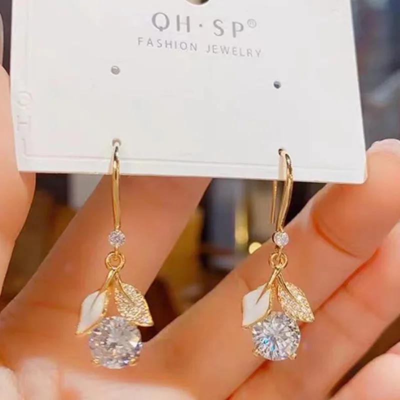 Abstract White Enamel Oil Leaf Round Rhinestones Flower Drop Dangle Earrings for Women Trendy Golden Metal Hook Ear Jewelry Gift