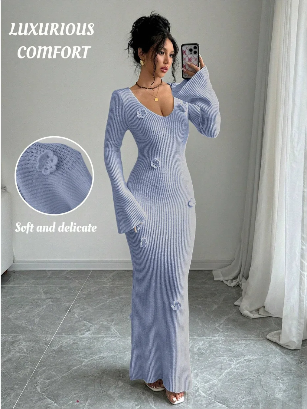 

Women's Autumn V-Neck Waist-Hugging Knitted Package Hip Fishtail Dress