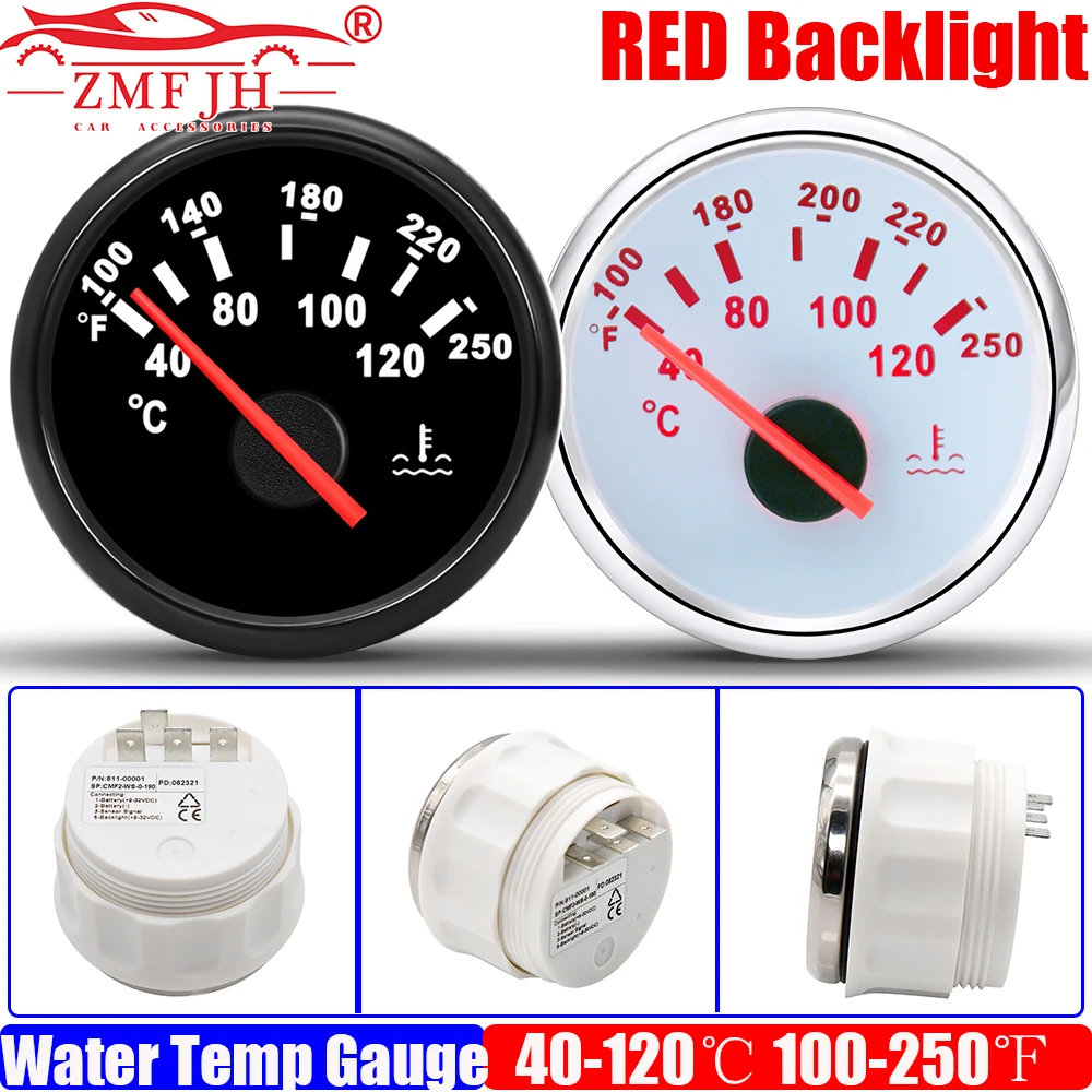 40-120℃,100-250℉ Pointer 52MM Water Temp Meter Red Light for Universal Car Boat Yacht Water Temperature Gauge No Sensor 12V24V