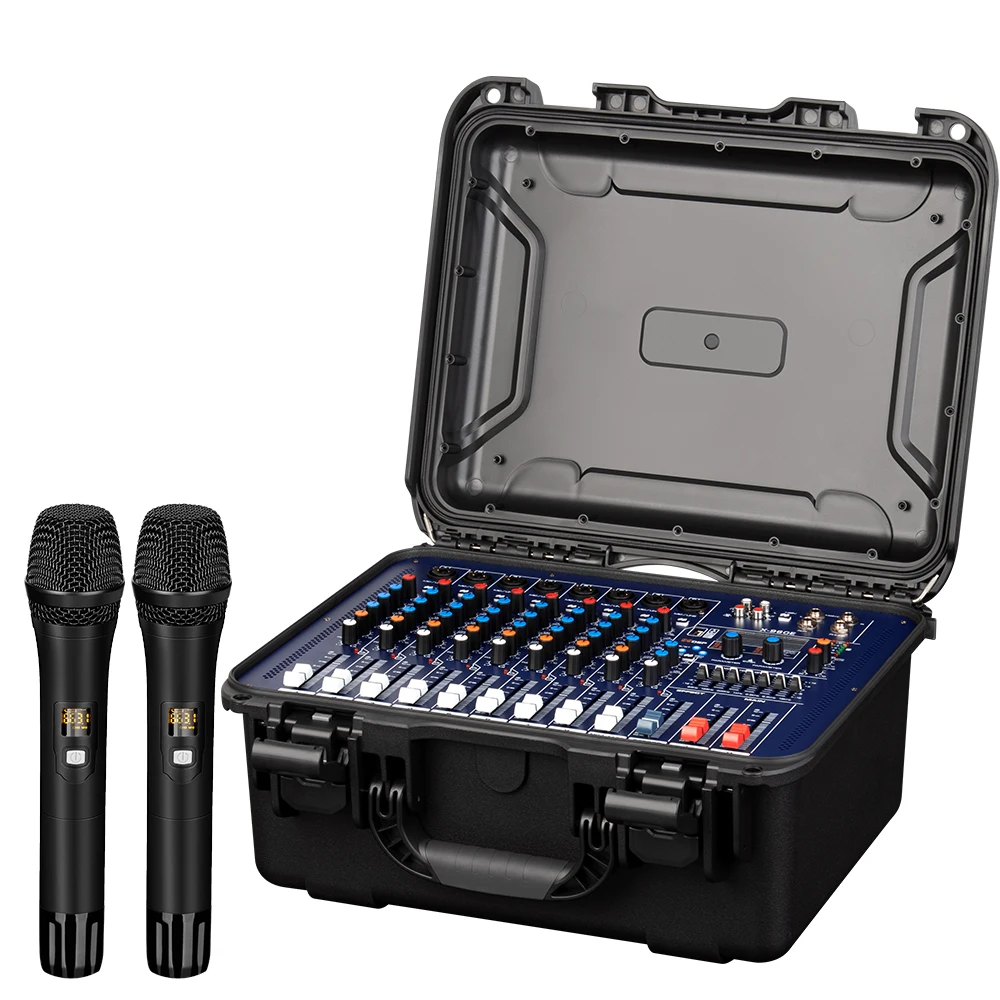 Active Mixer with 2 Handheld Wireless Microphones and Aviation 8-channel Audio Power