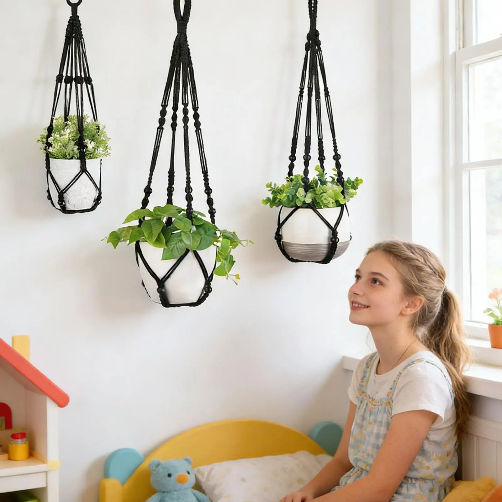 Macrame Plant Hanger Kit 3 Pieces Boho Handwoven Basket Indoor Plant Hangers From Ceiling For Outdoor Wall Window Bathroom Deck