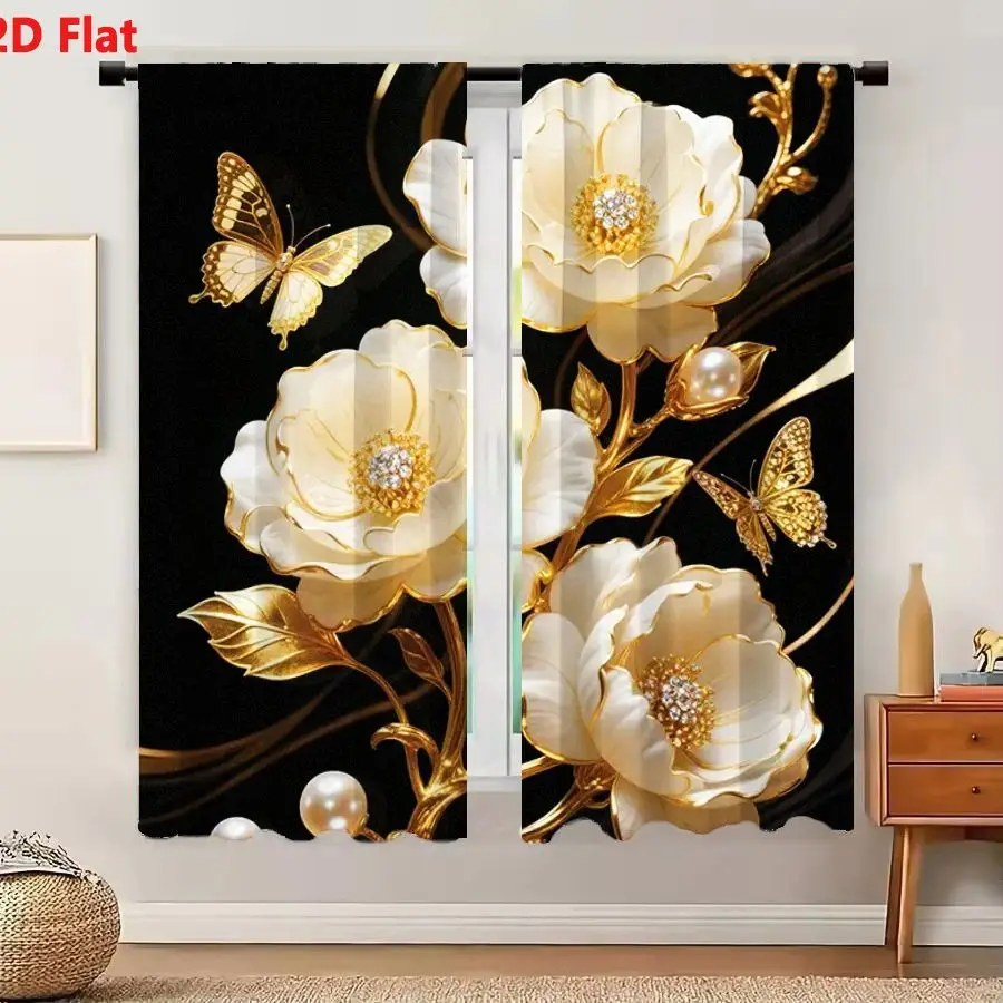 2Pcs Curtains 2D Flat Ornate Decorative Arrangement With Three White Flowers Golden Accents Black Background Delicate Layered Pe