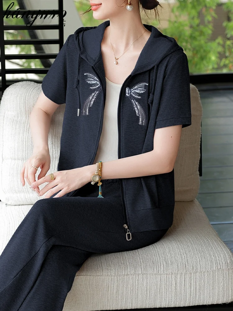 

Casual Sportswear Set for Young Mothers Summer Thin Outerwear ort Sve T-irt Women's Faion Loose Fit Nine-Piece Pants