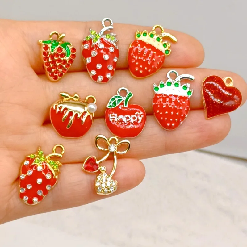 50pcs/lot Fashion strawberry With rhinestone fruit pendant Earrings Drop bling charm Ear Studs connecter tag Jewelry DIY