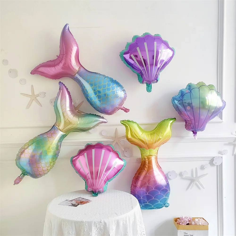 Mermaid Theme Cartoon Fish Tail Shell Aluminum Film Balloon Baby First Kids Birthday Princess Ocean Fairy Tale Party Decorations