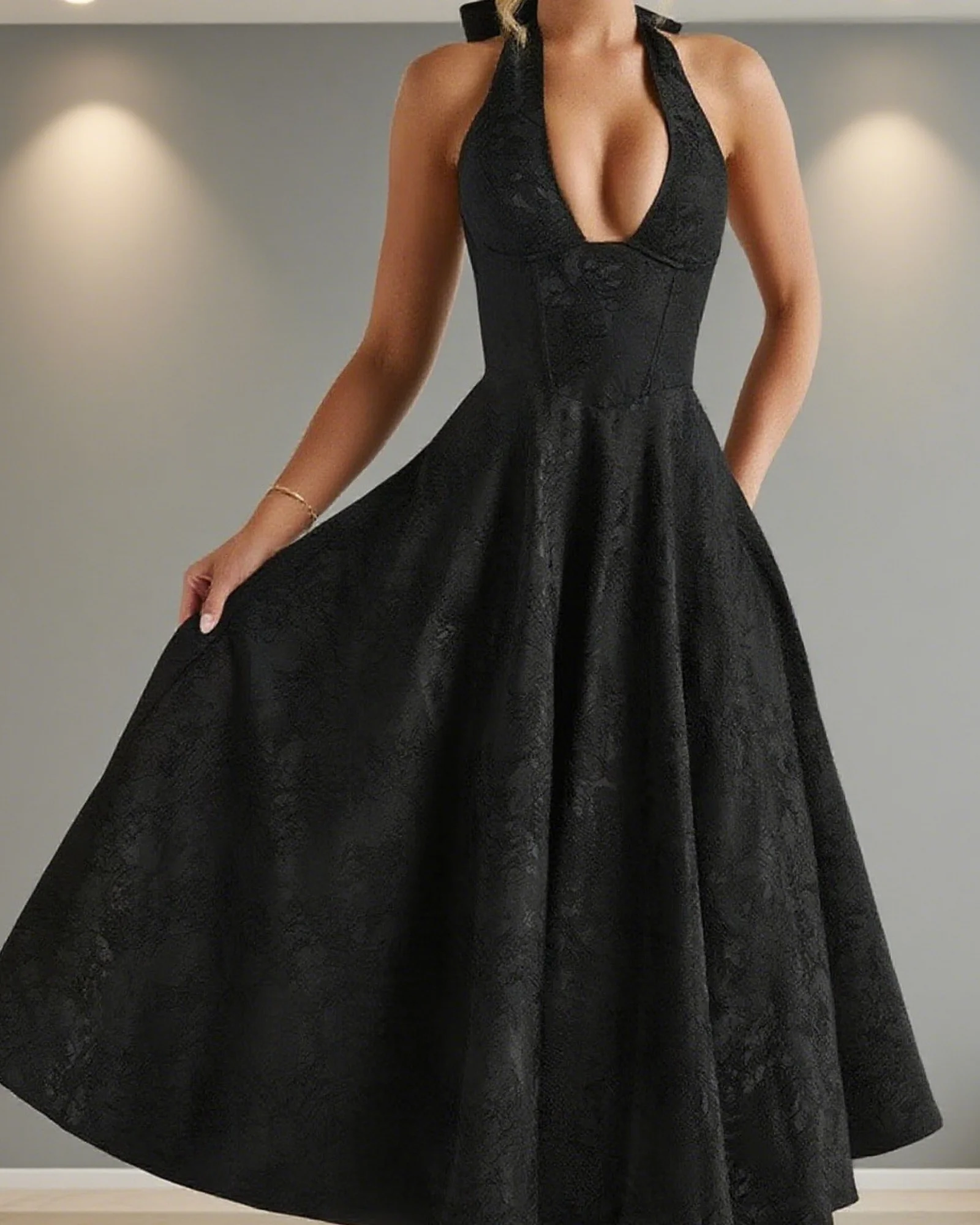 

LUCYSHIHATTU Floral Jacquard Satin Prom Dresses Tea Length Halter Deep V-Neck Y2K Formal Evening Party Gowns