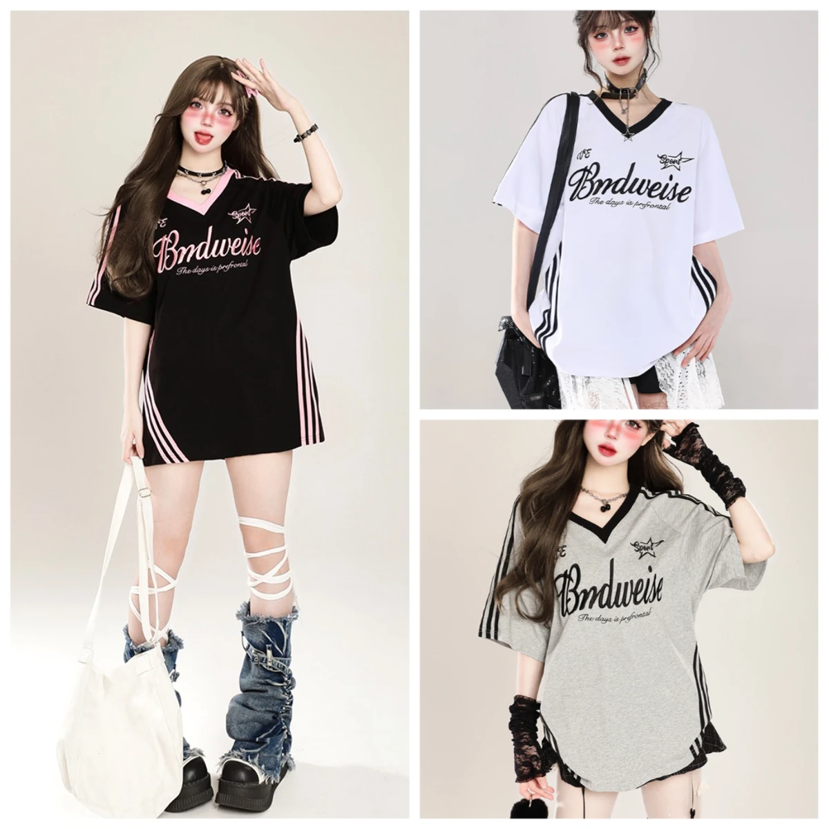 Amerikanischen Retro Trend Kontrast Farbe Spleißen V-ausschnitt Lose Frauen kurzarm T-shirt Sommer Casual Halb ärmeln Tops Pyjamas