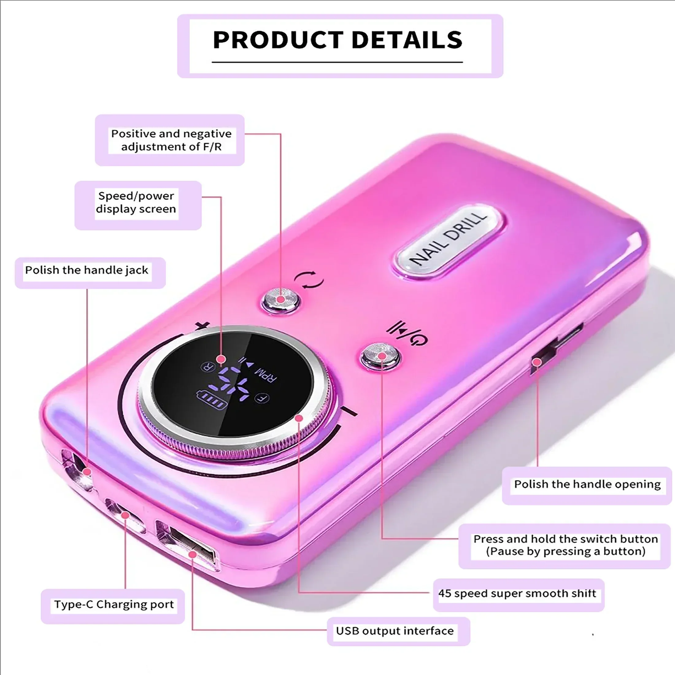 [สว่านเจาะเล็บแบบพกพา]การชาร์จRPMสว่านเล็บไฟฟ้าMultiSpeedControlwithInterchangeable BitsCompactDesignforGelNails,การทําเล็บ,