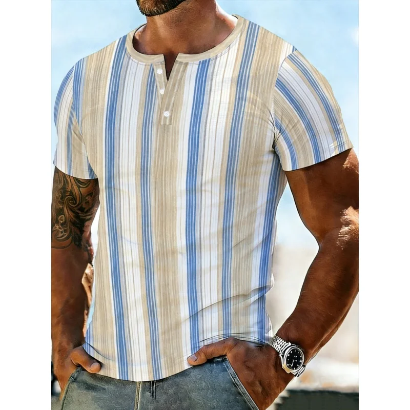 

Stripe Pattern Grandpa Shirt For Men Geometry 3D Printed T-Shirts Summer Street Tops Short Sleeve Tees Stand Collar Polo Shirts
