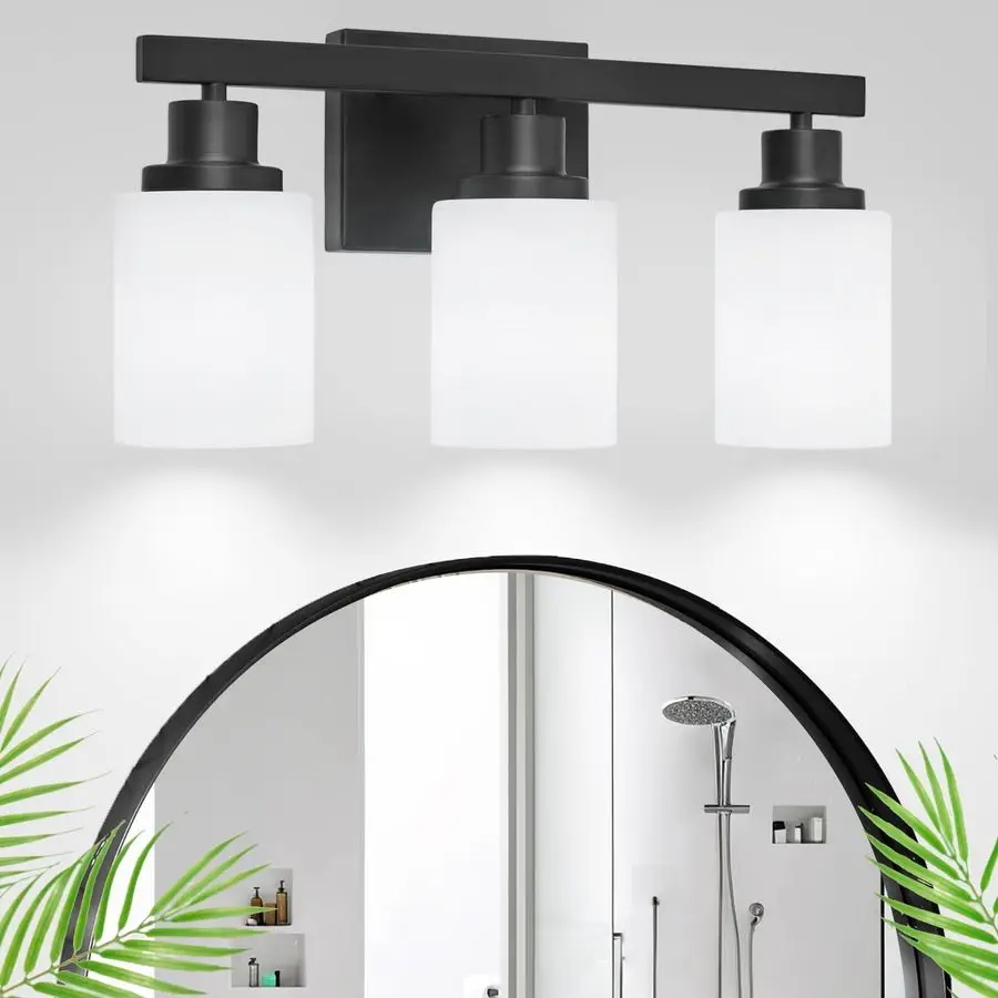 

Bathroom Light Fixtures Over Mirror, Modern Matte Black Vanity Lights with White Frosted Glass Shade, Bathroom Wall Lamp Sconces