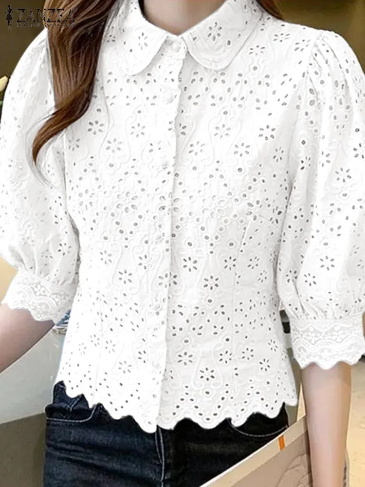 ZANZEA Women Lapel Collar Blouse 2025 Spring Lace Up Shirts Vintage Ruffled Hem Blusas Casual Loose 3/4 Sleeve Button Tops Tunic - Image 4