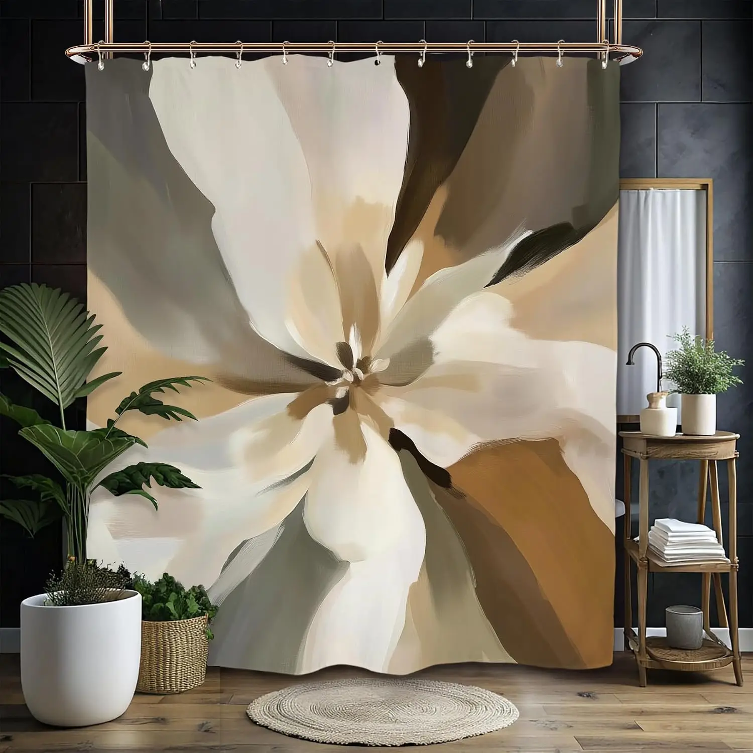 Elegant Abstract Floral Shower Curtain Polyester Waterproof Bath Liner Modern Neutral Beige Cream White Home Decor Bathroom Curt