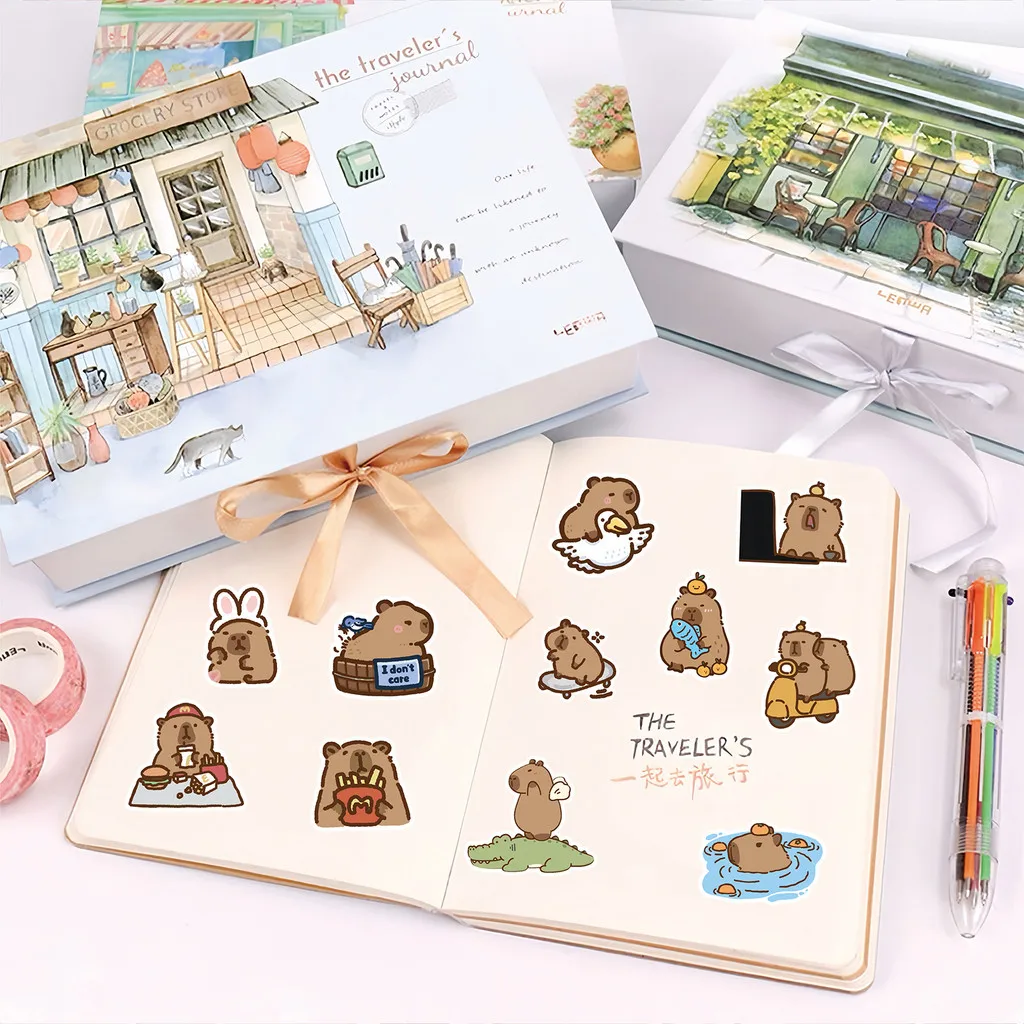 100 pièces autocollants Capybara mignons-autocollants imperméables animaux multicolores à la mode pour décor de coque de téléphone (magasin Anime Worlds)