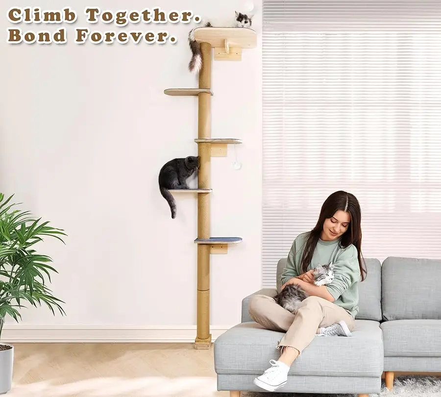 شجرة قطط من الأرض إلى السقف للقطط، أرفف حائط للقطط مثبتة على الحائط مكونة من 5 طبقات مع وسادات لباد رمادية، قطة محاكاة برية قابلة للتعديل