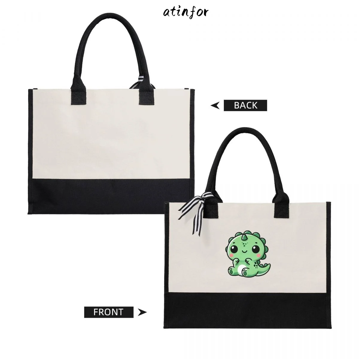 atinfor 43x17x32CM Cute Dino T-Rex Chibi Women Canvas Handbag Lady Beach Shoulder Shopping Casual Beach Bag Large