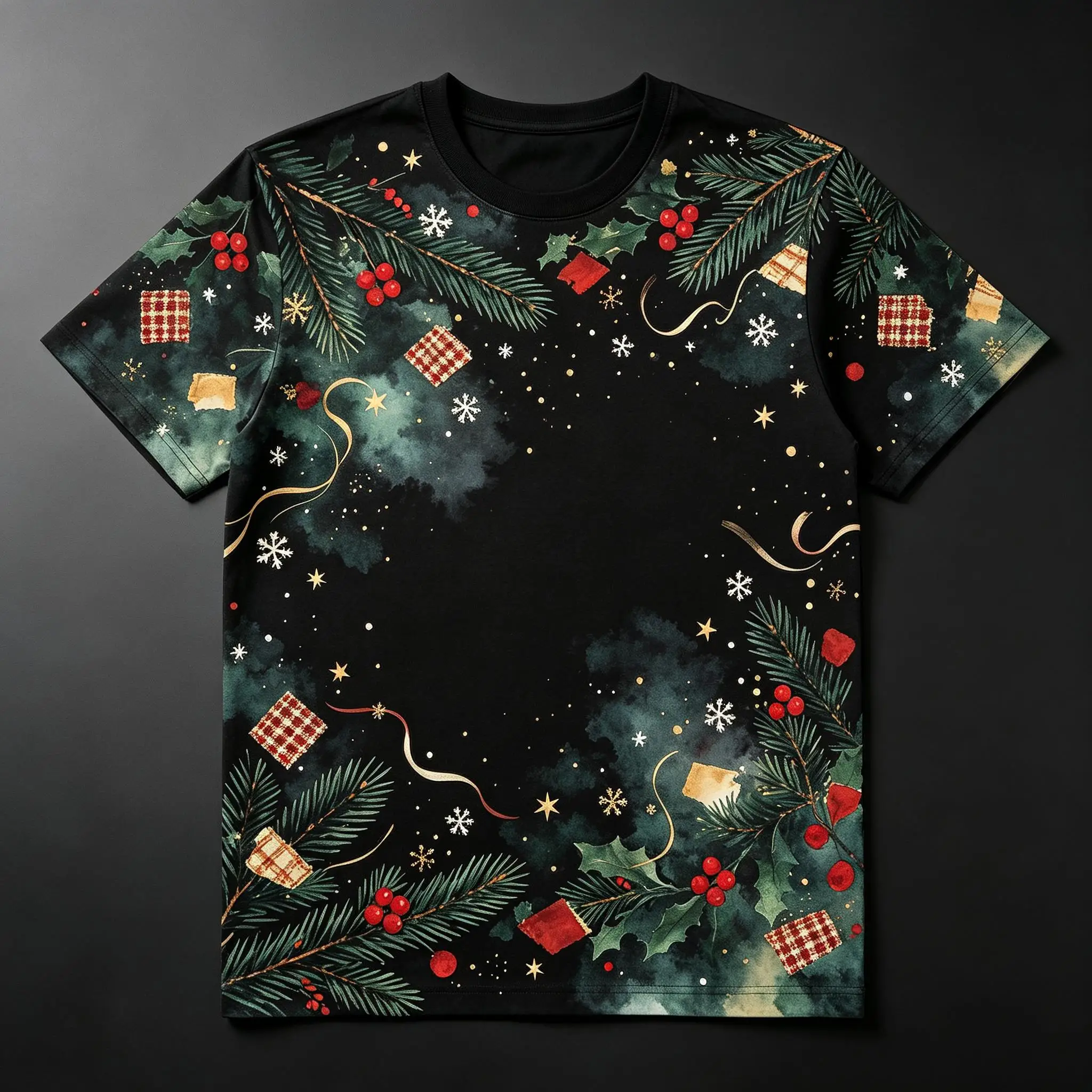 Watercolor Xmas Wreath Element Mens Tee Black Ribbon Star Pine Cone Print Casual Winter Holiday Wear
