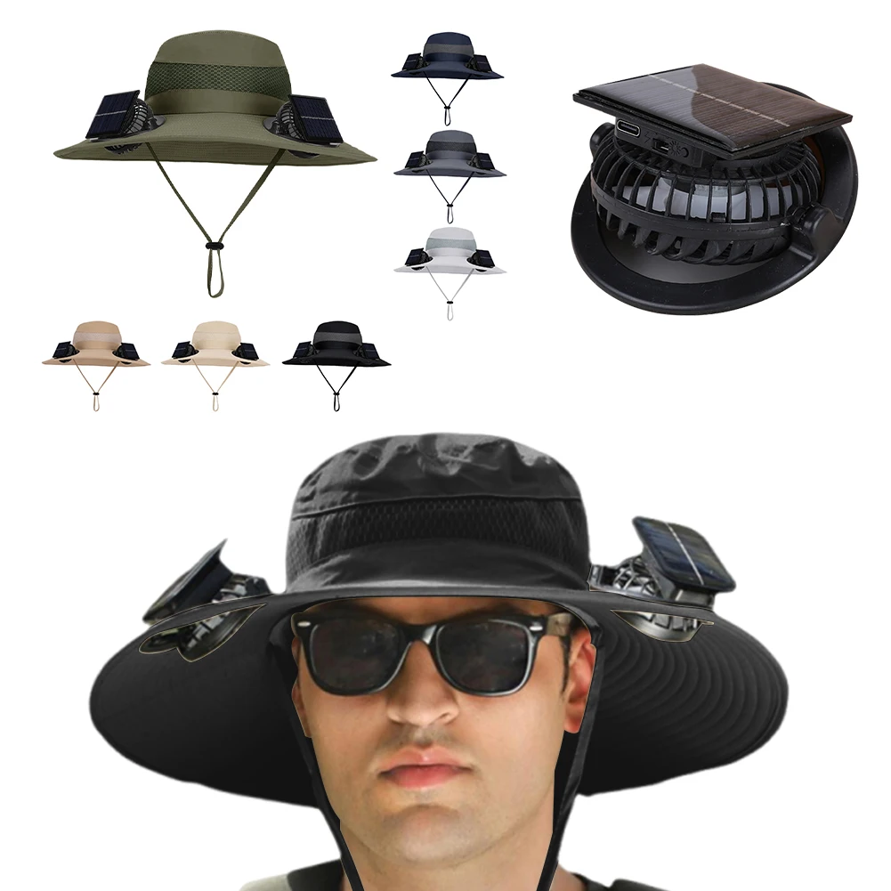 

Solar Fan Hat Breathable Outdoor Wide Brim Sun Hat Waterproof Outdoor Drawstring Fishing Hat for Outdoor Riding Hiking Fishing