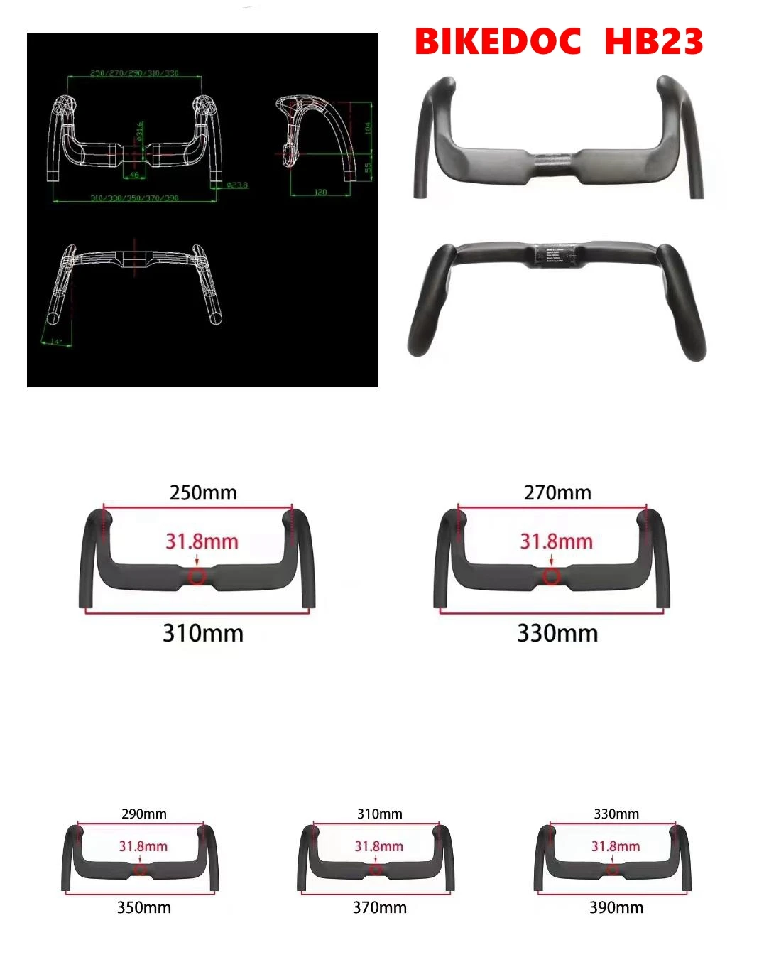 BIEllpreved-Guidon de vélo de piste en carbone HB23, 350mm, 270g Sprint, 330mm