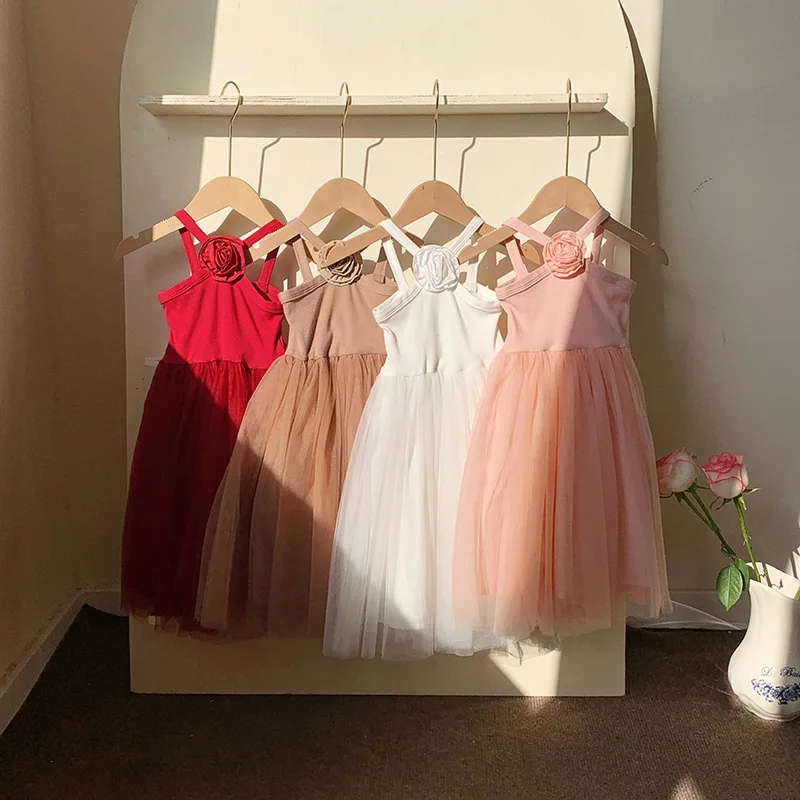 

2025Summer New French Style Rose Strap Dress for Girls Sweet and Stylish Mesh Princess Beach Dress