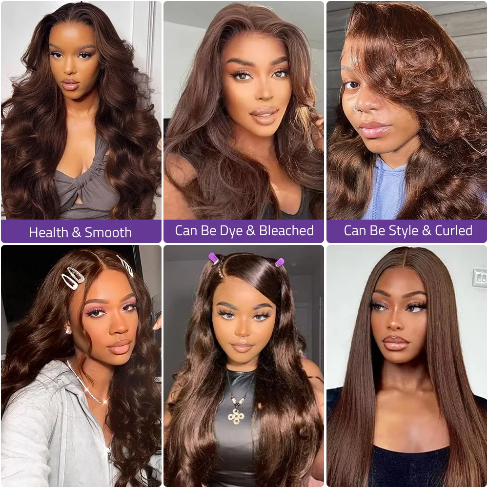 16-36 بوصة الشوكولاته براون الجسم موجة الدانتيل شعر مستعار أمامي 200 الكثافة # 4 باروكات شعر بشري بدانتيل أمامي عالي الدقة 13 × 4 13 × 6 للنساء