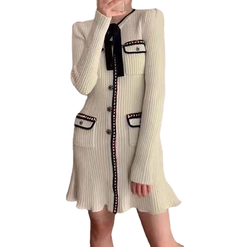 

Elegant Lady Long Sleeve Knitted Dresses Casual Single Breasted Mini Dress Spring 2023 Vintage Four Pocket Vestidos for Women