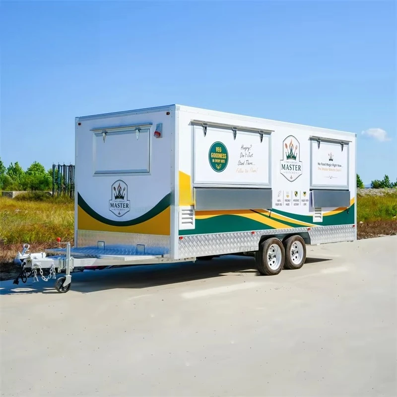 Customized Square Food Trailer Mobile Kitchen Stainless Steel Fiberglass Dual Tandem Axle Outdoor Catering