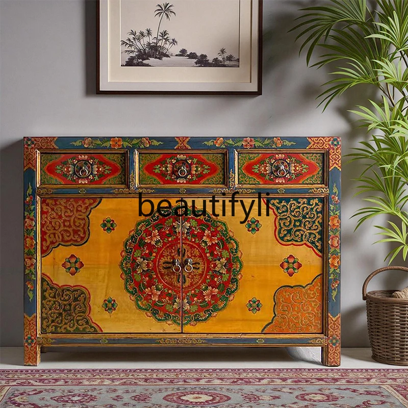

Solid wood dining side cabinet Tibetan painted retro living room storage cabinet New Chinese storage shoe cabinet