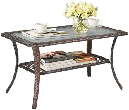 Outdoor Coffee Table with Storage Wicker Patio Coffee Table, Tempered Glass Top Coffee Table for Patio Outside Balcony