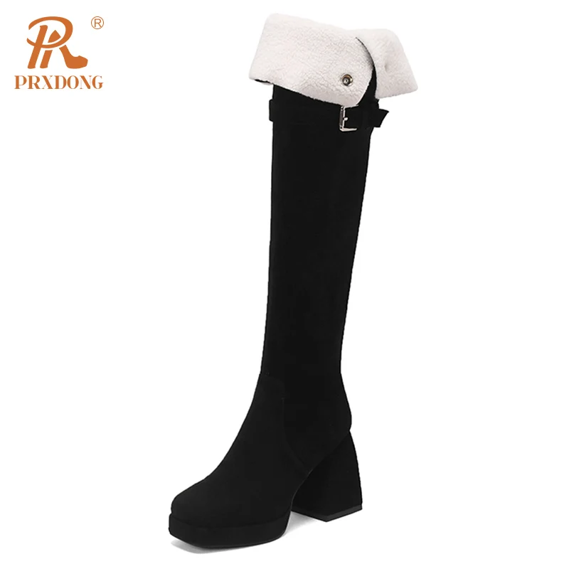 PRXDONG Top Qulaity Autumn Winter Warm Snow Boots Chunky High Heels Platform Black Khaki Dress Party Over The Knee Boots Size 39