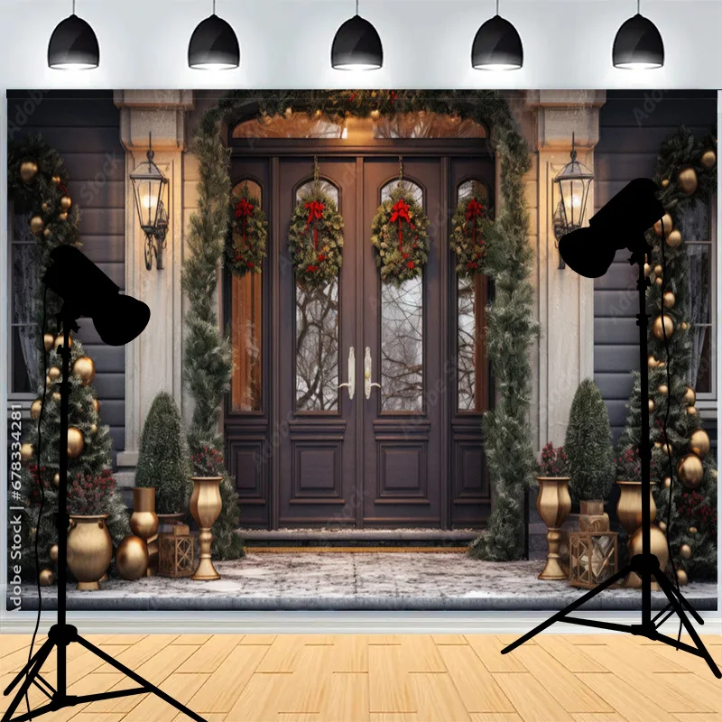 Christmas Day Wreach Snowflake Photography Backdrops Fireplace Winter New Years Cottage Living Room Decoration Background CC-04