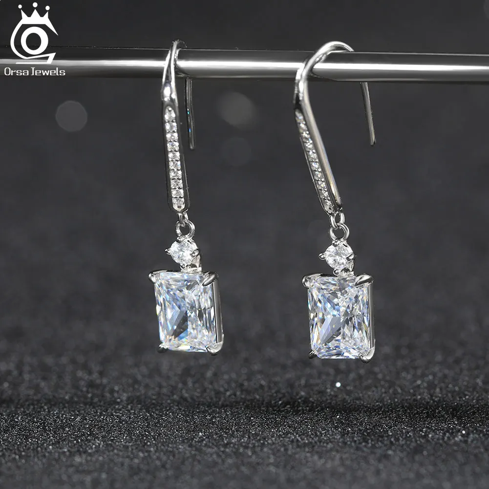

ORSA JEWELS Shiny Zircon Hook Earrings 8A Clear CZ Pendant 925 Sterling Silver Lady's Ear Accessories Party Trendy Jewelry LZE18
