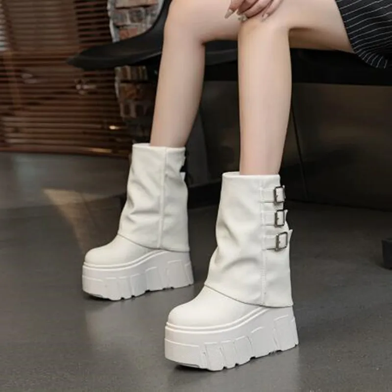 

2026 Autumn Winter Short Boots For Ladies 14CM Height Increasing Heel Shoes Street Series Fashioable Women's Shoes Folding Boots