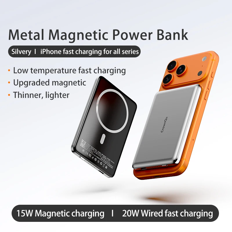 Metalen magnetische draadloze powerbank 20W USB-C Snel opladen Draagbare externe batterij voor iPhone 17 16 15 14 13 12 Smartphone