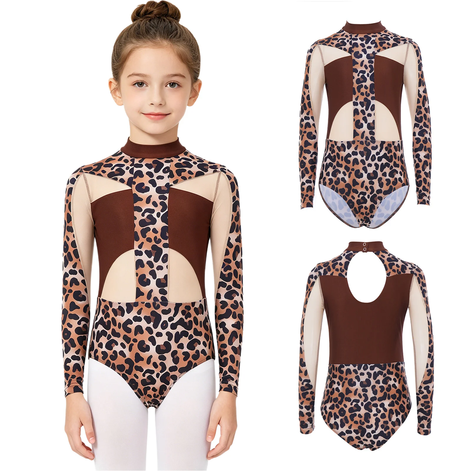 Kids Girls Figure Skating Acrobatics Gymnastics Ballet Dance Leotard Long Sleeve Printed Mesh Patchwork Bodysuit Yoga Jumpsuit
