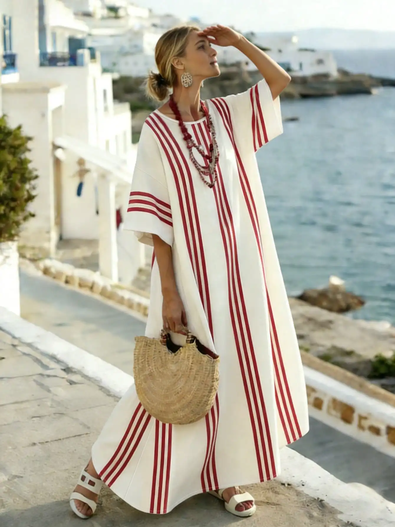 

Elegant Ladies Vacation Striped Simple Dress Sophisticated Casual Women's Fashion Single-Piece Suiting
