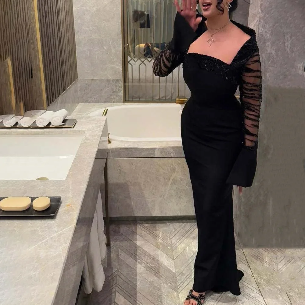 

Customized Long Sleeve Square Neck Evening Dress Beading Gorgeous Mermaid Prom Dresses Formal Occasion Party Gown Robe Soiree